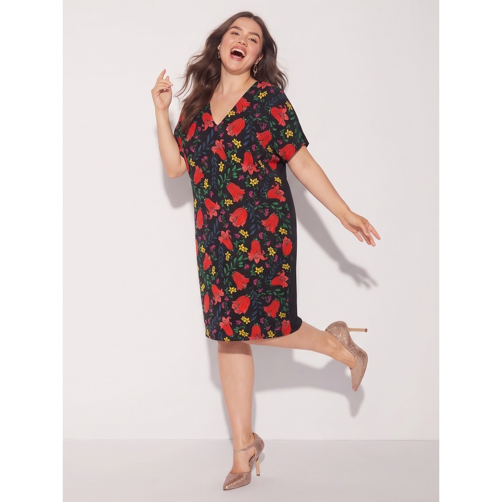 Escada Sport Dafleur Dress Womens 34 Black Floral V-Neck Short Sleeve Shift
